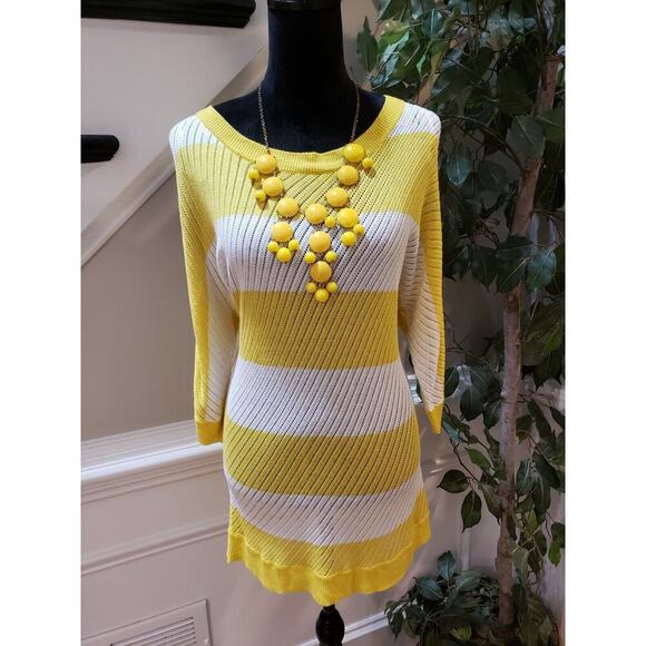 Joseph A. Women's Yellow White Striped Knit Round Neck Long Sleeve Sweater XL - Picture 1 of 14